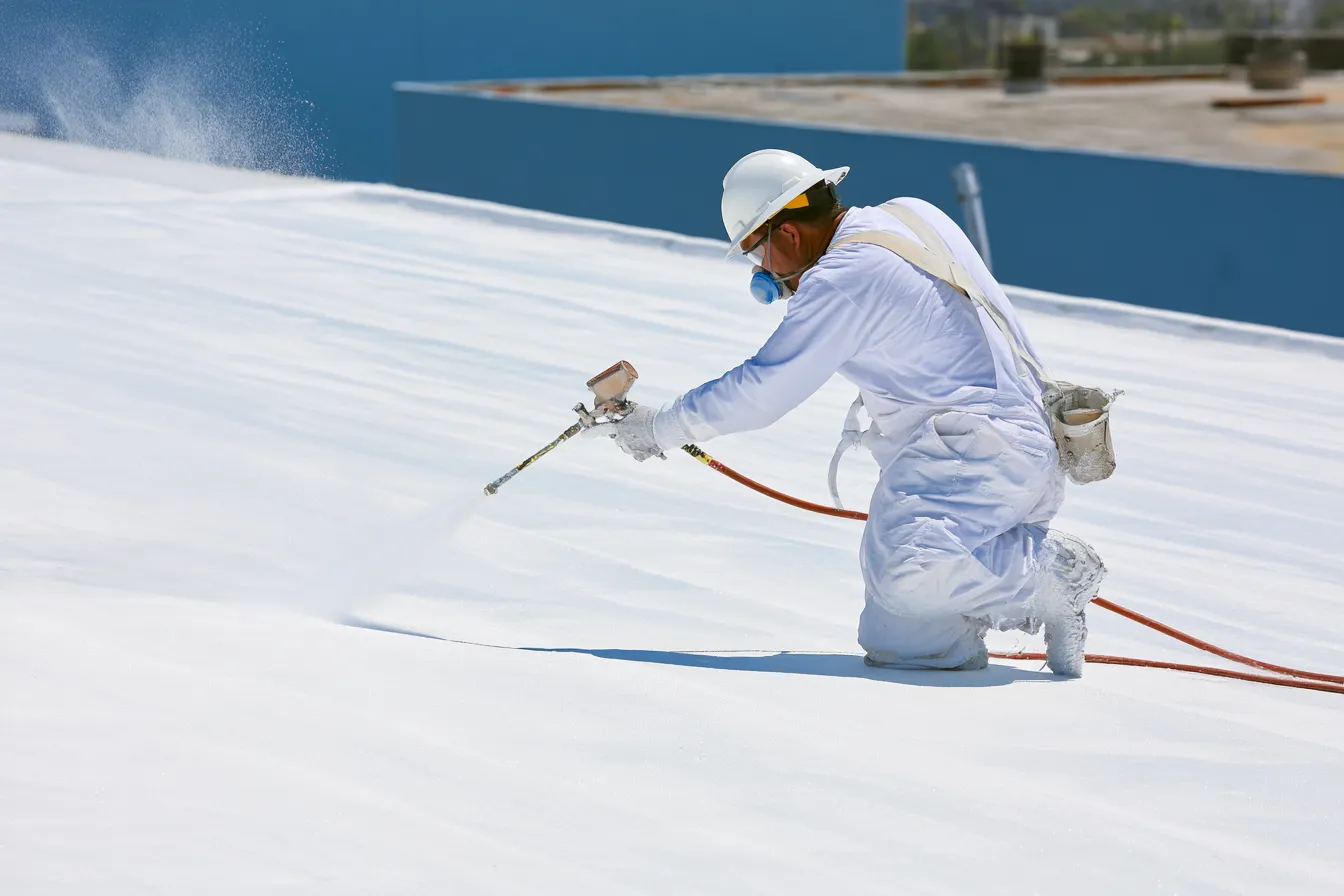 Spray roof coating being applied by a worker in protective coveralls