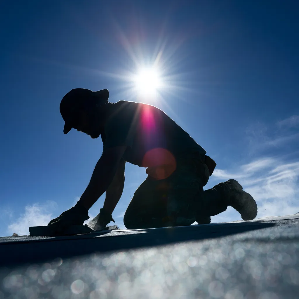 A silhouetted roofer scraping a roof surface in low sunlight