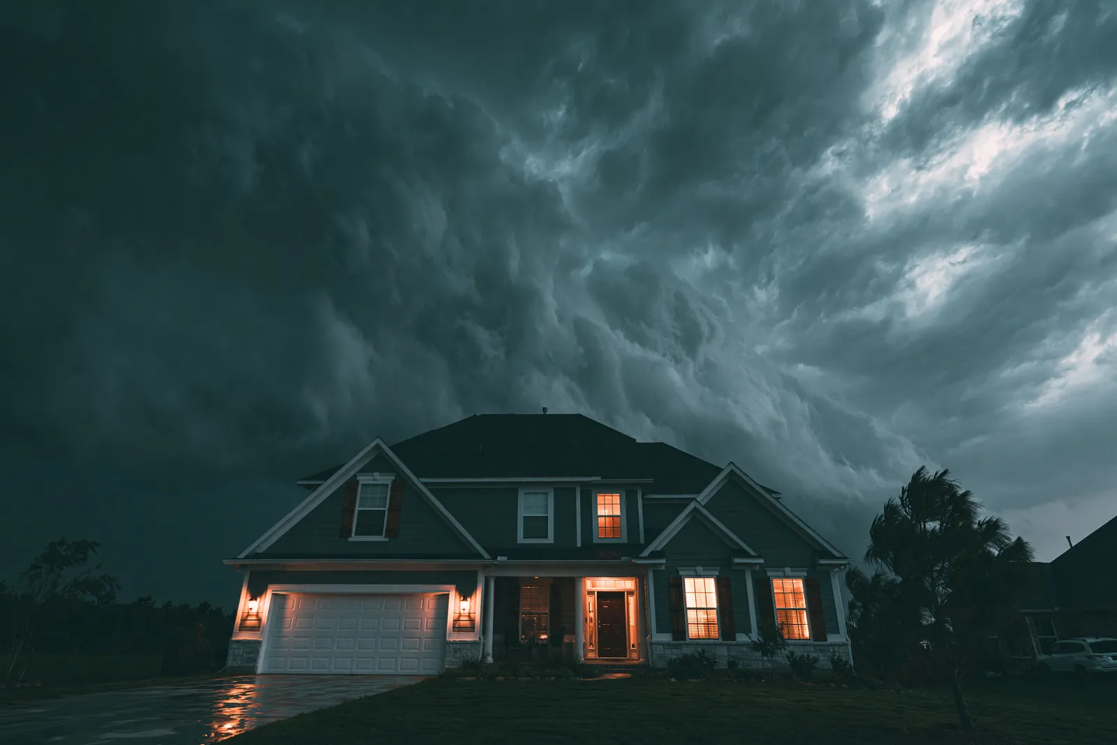 Above a lit house at dusk a dramatic storm sky churns